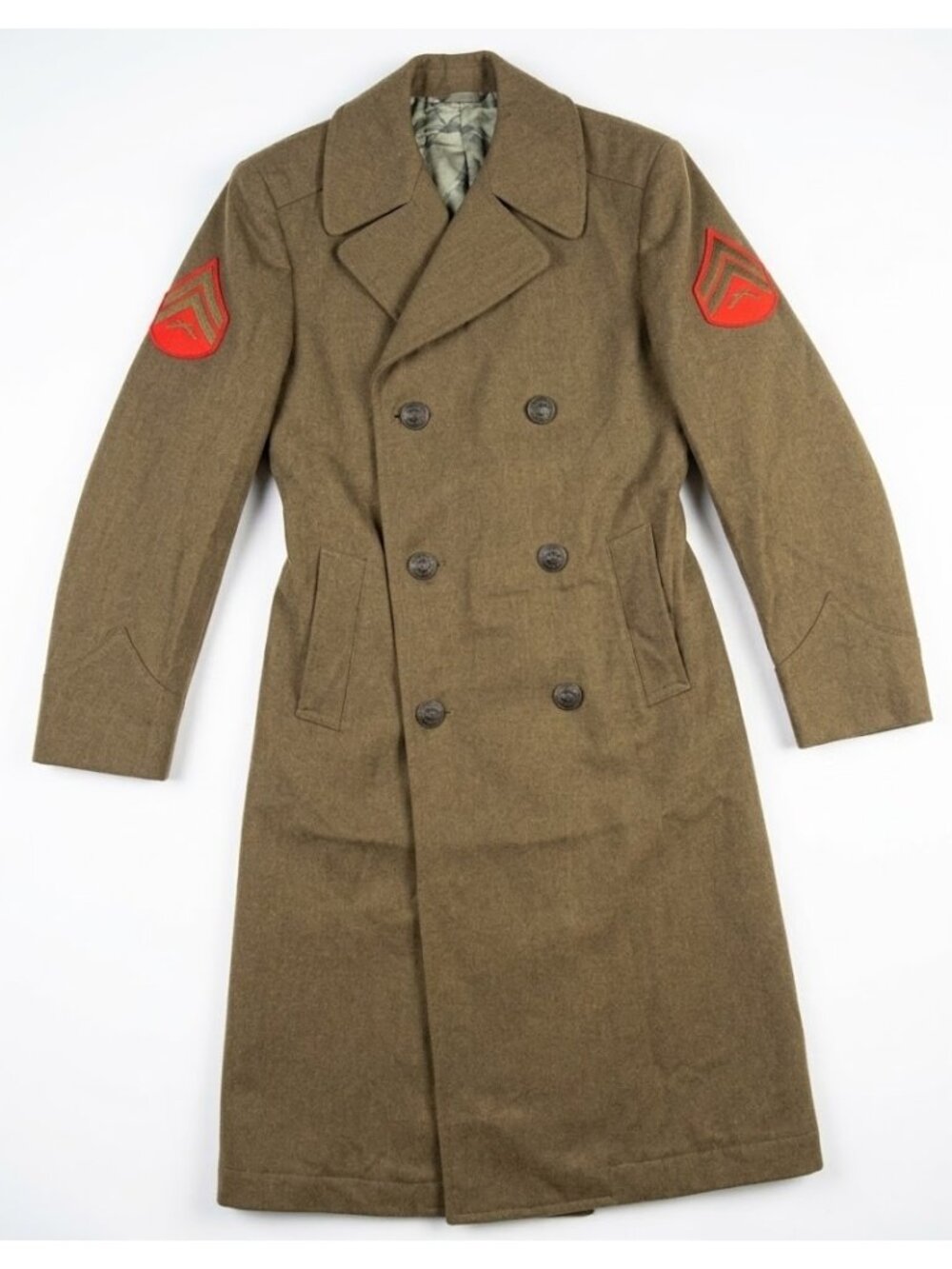 Vintage USMC Wool Overcoat Mens Green Trench Coat Corporal Chevrons Eagle Button
